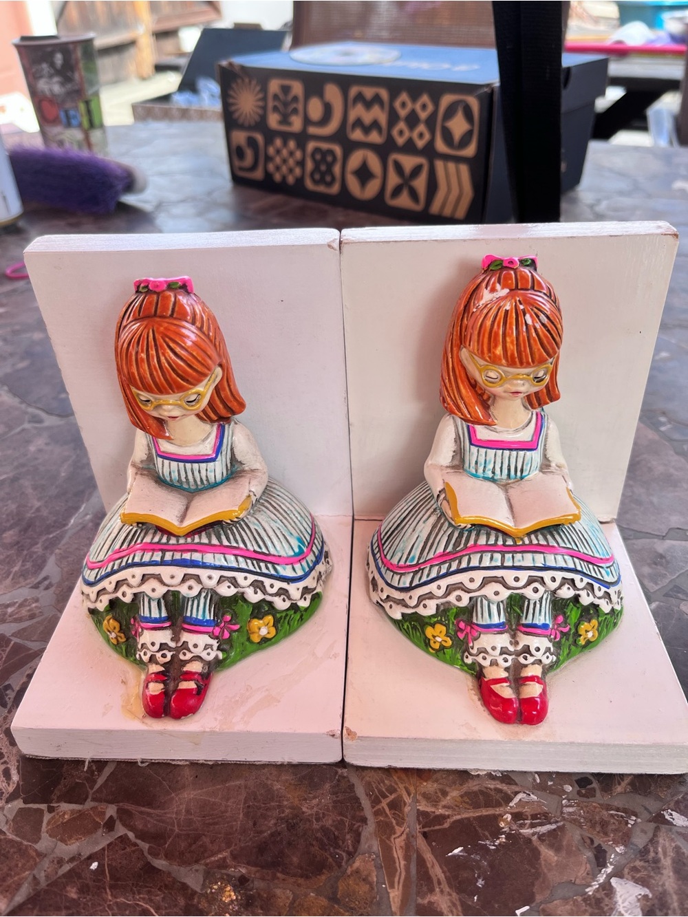 Vintage Earl Bernard Bookends: Girl Reading Book in Meadow